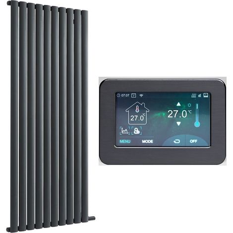 Hudson Reed – Radiateur électrique vertical à inertie sèche 500W – Aluminium anthracite – 178cm x 59cm – Thermostat Wi-Fi tactile 4.3 pouces (1/5)