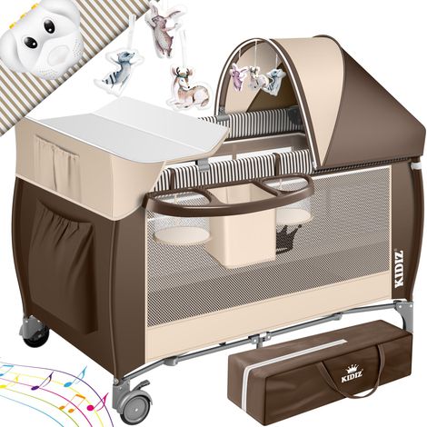 KIDIZ® lettino per bambini 3 in 1 set combinato lettino per bambini con fasciatoio zanzariera box per bambini dalla nascita fino a 15 kg pareti laterali ariose con ingresso laterale  marrone