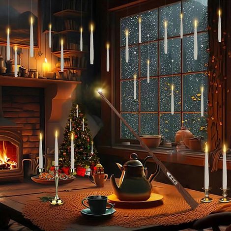 Bougies flottantes avec télécommande baguette magique, lot de 10 bougies électriques suspendues, bougies LED sans flamme pour Noël, mariage et Halloween. (1/5)