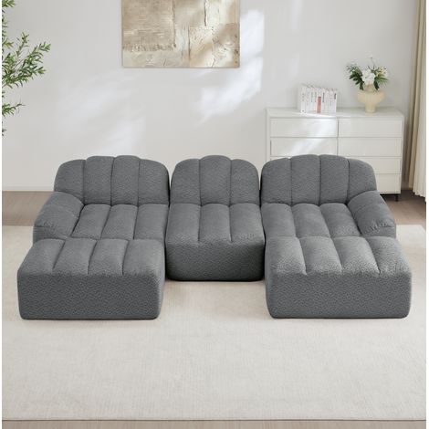Divano modulare a U 3 posti con 2 pouf, schiuma 32D, tessuto grigio, REDOM (1/5)