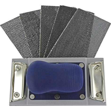 Tivoly • Lotto Blocco abrasivo rettangolare 92x185mm Autobloccante e Morsetto, ergonomico + 5 Fogli Abrasivi 92x185mm Mesh Carburo di Silicio grane assortite (1/2)