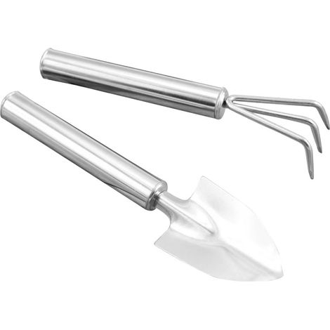 Lot de 2 mini outils de jardin en acier inoxydable - Avec pelle, râteau et truelle pour bonsaï fleurs et plantes d'intérieur - pour l'entretien du jardin (1/5)