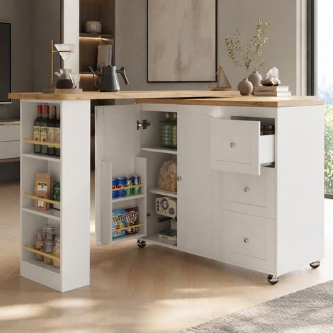 Meuble de cuisine îlot mobile pivotant à 360°, 135-203 x 39 x 106 cm, 3 tiroirs, blanc DESVIAE (1/5)