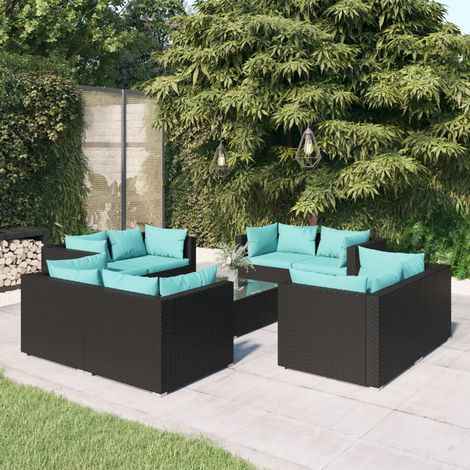 9-tlg. Garten-Lounge-Set mit Kissen Poly Rattan Schwarz (1/5)