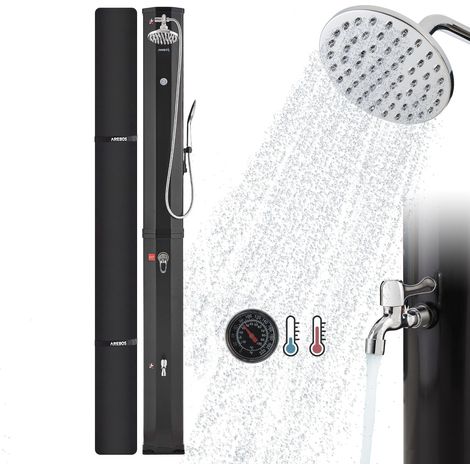 AREBOS Ducha Solar 60 L con Teleducha y Termómetro Temperatura del Agua hasta 60°C Ducha de Piscina Camping Ducha Redonda Tecnología Snap-In Incl. Tapa Negro