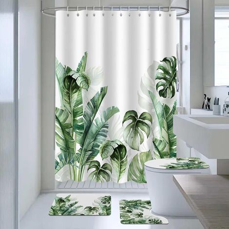 Lot de 4 rideaux de douche motif feuilles de palmier tropicales avec tapis antidérapant, housse d'abattant de toilette et tapis de bain, rideaux de bain modernes pour décoration de salle de bain (1/5)