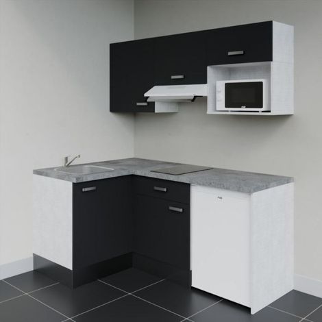 Kitchenette KA03 Noir - Plan de travail Gris béton - Crédence : Non - Electroménager : Blanc (1/4)