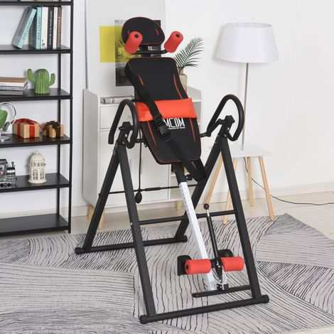 Banc d’inversion rouge‑noir acier plastique, angle et hauteur réglables avec appui‑tête, 79×114×153 cm (1/5)