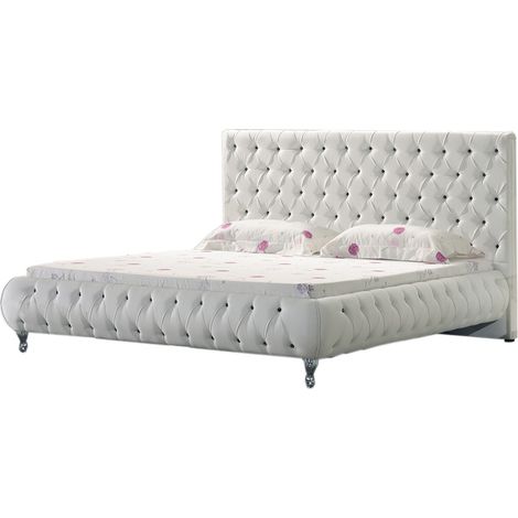 Cama Amour 180x200x42 cm Tapizada en Piel Sintética Blanca con Botones Negros Efecto Diamante  Cabecero Acolchado con 120 cm  MOG Casa (1/5)