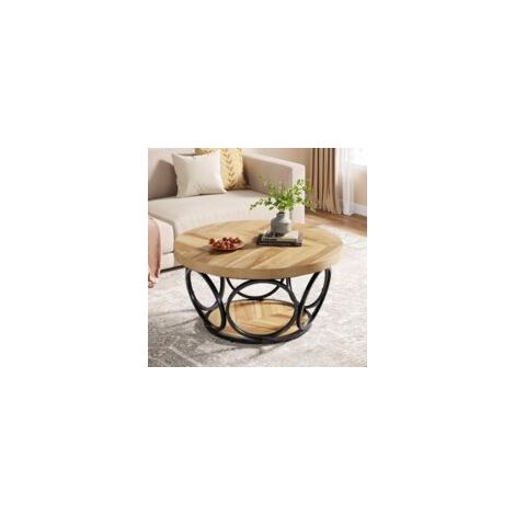 Tribesigns – Table basse ronde 80 cm – Structure en métal – 2 étagères de rangement – Design rustique en bois – Montage facile (1/5)