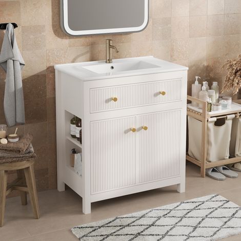 REDOM Mobile sottolavabo 81x46.5x86.5 cm, 1 cassetto soft close, 1 anta con vano portaoggetti, lavabo in ceramica, MDF bianco