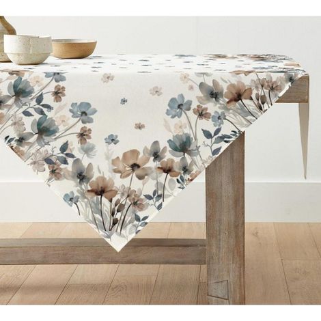 Nappe 120x120 cm carrée, motif floral, facile d'entretien, polyester, marron