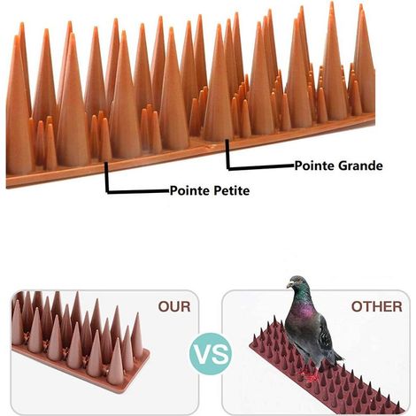 Pic anti-pigeons avec picots de différentes tailles, 5,4 mètres, pour balcons, répulsif en plastique contre les pigeons, les chats et les moineaux, pic anti-chats pour fenêtres (10 pièces, marron) (1/3)