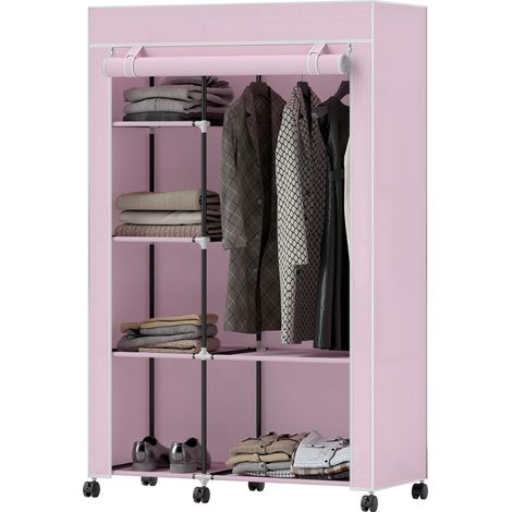 Armoire en tissu rose avec roulettes, penderie portable 6 étagères + 1 tringle, 103x43x162,5 cm, pour chambre (1/5)