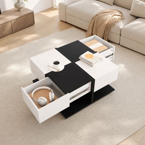 Tavolino quadrato 70 x 70 x 35,5 cm con 2 cassetti, contenitore, nero e bianco DESVIAE (1/5)