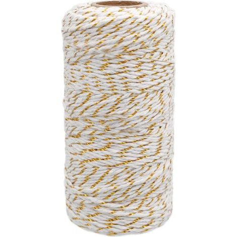 Ficelle de Coton Noël, Baker's Twine Corde Blanc avec fil doré, 2mm100M, pour l'emballage cadeau, Décoration, Loisirs Créatifs, Ensoleillé (1/5)