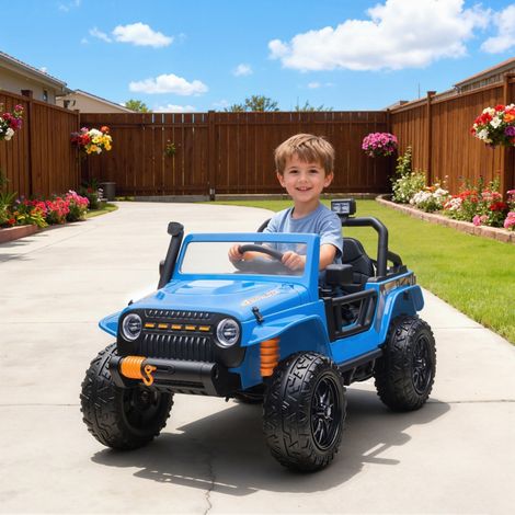 Voiture électrique enfant 12V avec commande parentale, siège duo, phares LED, klaxon musical, pour 3-8 ans, bleu