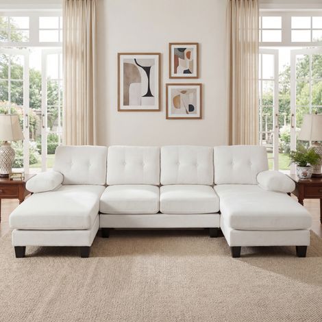 Divano angolare a U 268x128x84 cm beige in ciniglia con chaise longue doppia e tasche laterali