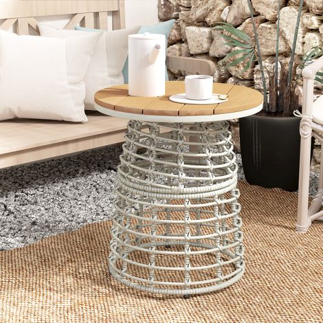 Table basse ronde grise en résine aspect rotin, plateau composite Ø45 x 50 cm pour terrasse et jardin - Table d'appoint en acier pour extérieur