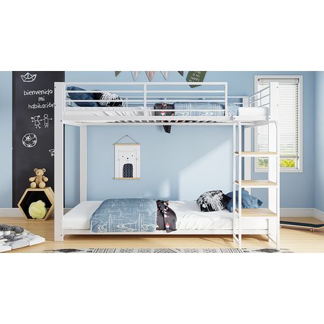 Litera metálica para niños, litera doble con escalera de madera, alta protección anticaídas, blanca, 90200 (1/5)