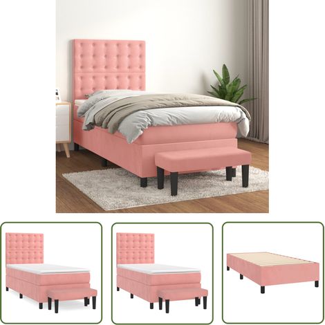 The Living Store Sommier à lattes de lit avec matelas Rose 100x200 cm Velours - Lit Plateforme - Lit Velours - Lit Double - Tête De Lit Ajustable - Matelas Ressorts Ensachés (1/5)