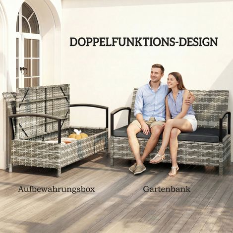 Coffre de jardin banquette 2 places avec coussins et poignées, capacité de rangement 125 L, résine tressée, 123x70x82 cm, gris anthracite