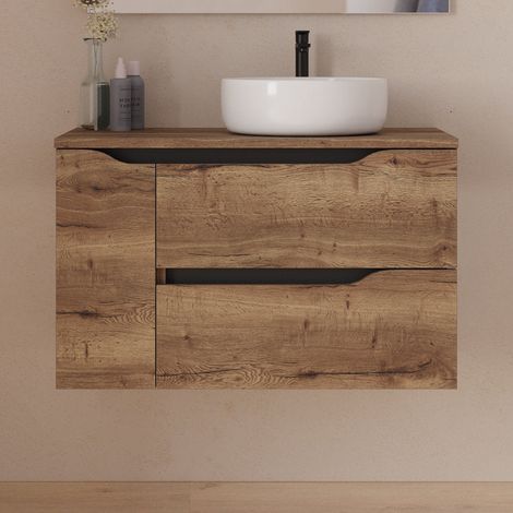 Meuble de salle de bain 80cm avec plateau et vasque à poser déportée à droite Ares - sans miroir - 2 tiroirs et un placard - tabaco (bois foncé) - ZARZA