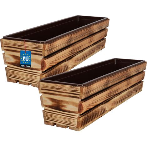 KOTARBAU® Lot de 2 Jardiniere Extérieur - Bac à Fleurs - avec Insert Plastique - Jardiniere Rectangulaire - 60x18x15 cm - pour Terrasse - Jardin - Décoration Extérieure - Rustique (1/4)