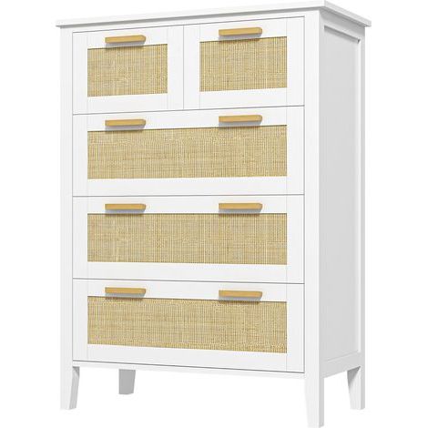 Commode 5 tiroirs poignées en bois massif glissières en métal pour bureau salon chambre à coucher 77 x 37 x 104 cm blanc (1/5)