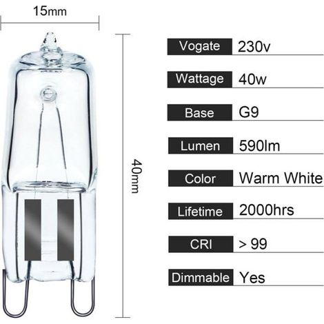 Ampoule halogène G9 pour four - - Blanc chaud 2700K - Résistante à 300°C - Dimmable - Durée de vie 1000 heures (1/4)