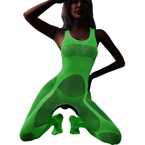 Im Dunkeln leuchtender Bodystocking aus Mesh mit Löchern, sexy Universal-Fluororange