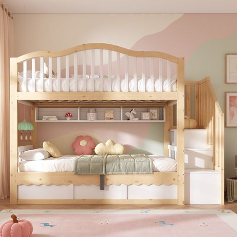 Lit superposé enfant 90x200 cm avec rangement hydraulique, étagères et escalier, bois blanc et chêne (1/5)