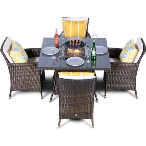 Savannah Fire Pit 4 Seater Square Rattan Dining Set - Brown (1/5)