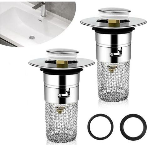 2pcs Bonde de lavabo, Bonde Lavabo avec Filtre Amovible 33-40mm, Bouchon Lavabo Salle de Bain Universel Pop Up, Filtre De Drainage De Sol en Acier Inoxydable pour Bain, Cuisine (1/5)