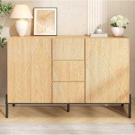 Buffet 115.5x40x76 cm naturel en MDF avec façades géométriques et 3 tiroirs (1/5)