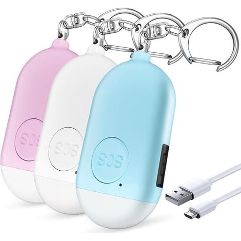 Alarme personnelle, Lot de 3 alarmes de poche puissantes (130 dB) avec flash lumineux intense, Bouton panique rose, bleu, blanc (1/5)