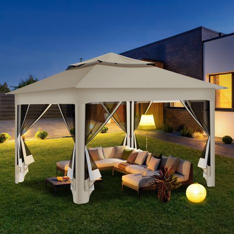 TolleTour Gazebo pieghevole da giardino 3,3 × 3,3 × 2,68 m – Gazebo da esterno con zanzariera, doppio tetto ventilato, protezione UV, per patio, giardino e cortile, beige