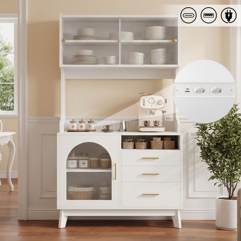 Buffet armoire haute blanc 100,5×40×178 cm, rangement multi‑niveaux, prise intégrée USB‑A USB‑C pour salle à manger (1/5)