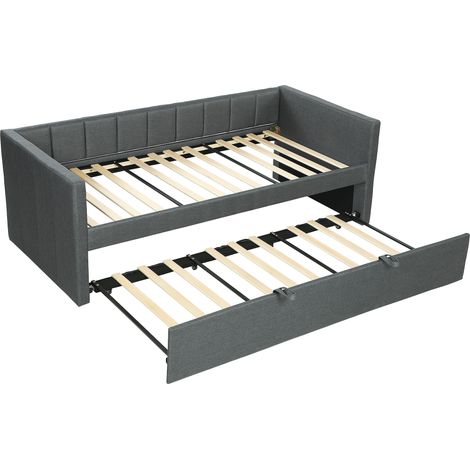 Letto Singolo con Secondo Letto Estraibile, Rivestimento in Tessuto e Braccioli, 205x181x70 cm, Grigio Scuro