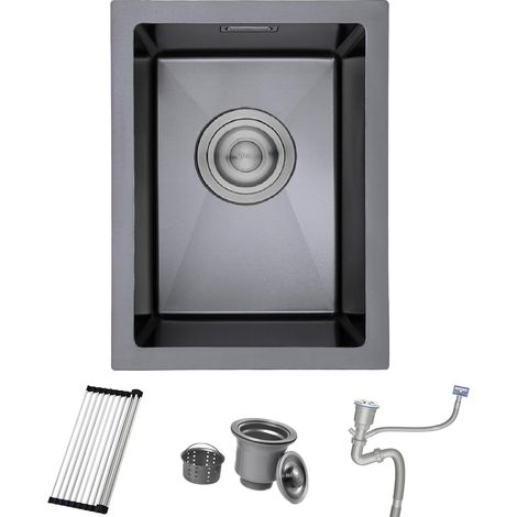 35 x 45 cm Évier de Cuisine Noir 1 Bac, Petit Évier de Cuisine En Acier Inoxydable Montage Encastré ou Supérieur avec Trop-Plein, Siphon, Support Enroulable (1/5)
