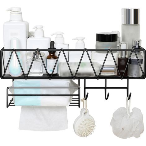 Estante de ducha con toallero integrado, 3 ganchos, montaje en pared, no requiere taladrar, adhesivo, para baño, aseo, dormitorio o cocina. (1/5)