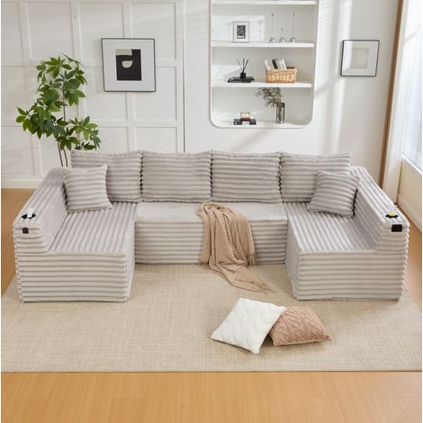 Modulsofa U-Form 320x155x88 cm hellgrau Cord mit Getränkehalter und Seitentasche (1/5)
