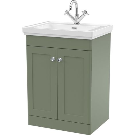 Nuie Classique Floor Standing 2-Door Vanity Unit with Basin 600mm Wide Satin Green - 1 Tap Hole (1/5)