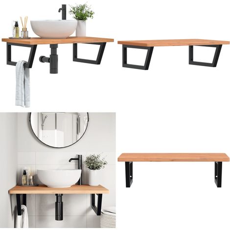 Waschbeckenregal Wandmontage Stahl und Massivholz Buche - Wandmontage - Holz Waschtisch (1/5)