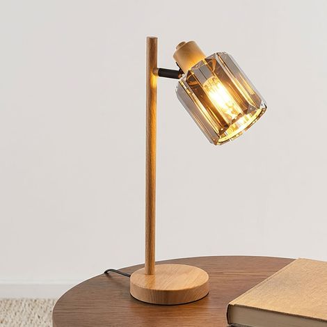 LED Tischlampe Tischleuchte Nachttischlampe Kristalle Schlafzimmerlampe Holzoptik rauchfarben, 1x LED 6W 700Lm warmweiß, LxBxH 15x13x40 cm (1/5)