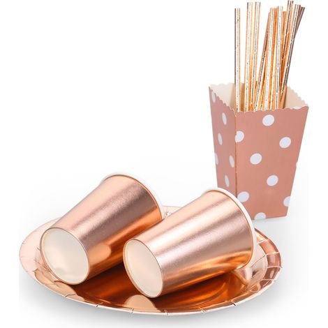 Service de table en papier or rose 73 pièces : gobelets, assiettes, serviettes, pailles, nappe et boîtes à pop-corn. Idéal pour les fêtes d'anniversaire et de mariage. (1/5)