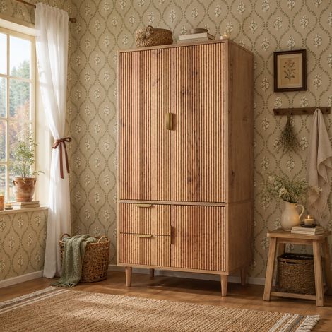 Armoire 80x50x177 cm, Dressing 3 portes avec penderie et 2 tiroirs, Design rainuré 3D effet chêne, Poignées dorées (1/5)