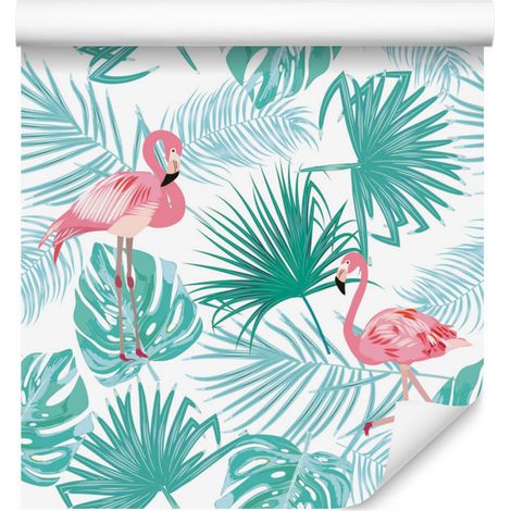 Papier peint à motifs de feuilles tropicales et de flamants roses pour salon et chambre 50x1000 cm (1/5)