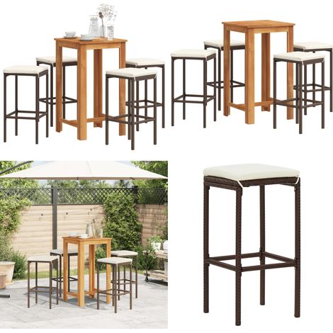 Mesa y taburetes de jardín 5 pzas madera acacia ratán PE marrón - Mesa de bar - Taburetes de jardín