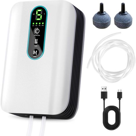 Aquarium Air Pump, Portable USB Aquarium Air Pump, Rechargeable Portable Air Pump, Silent Bubbler, Flow 1.5 L/Min x 2 for Aquatic Plants and Aquaculture (1/5)
